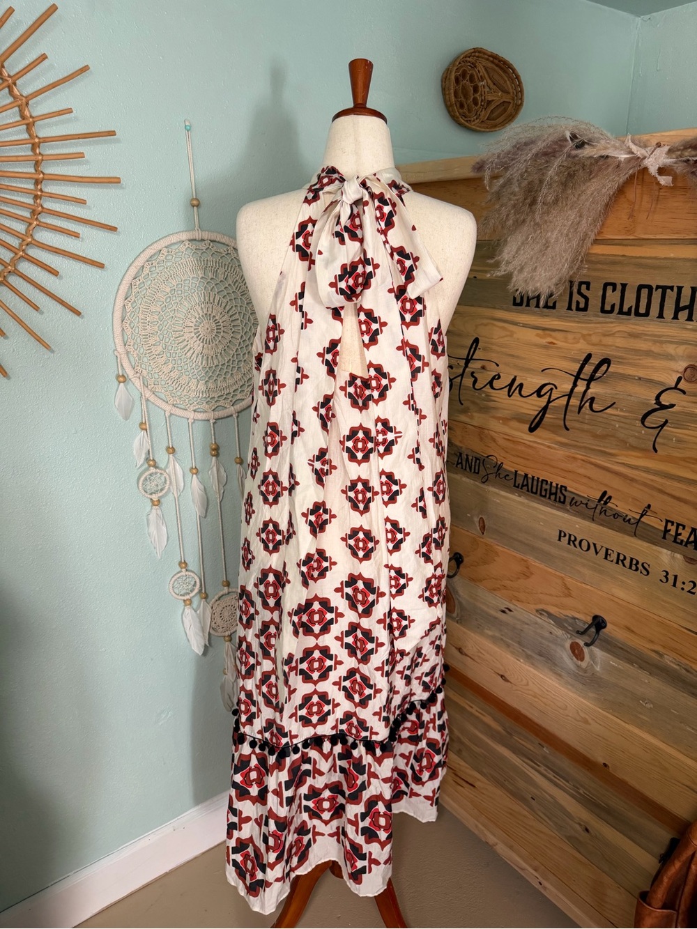 Sleeveless Halter Maxi Dress in Ivory with Red Geo Print